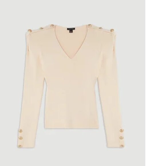 Karen Millen Viscose Blend Dry Handle Rib V Neck Military Rim Knit Top Size Smal - Picture 2 of 11